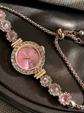 Elegant Pink Crystal Women's Bracelet Watch - Rose Gold Tone